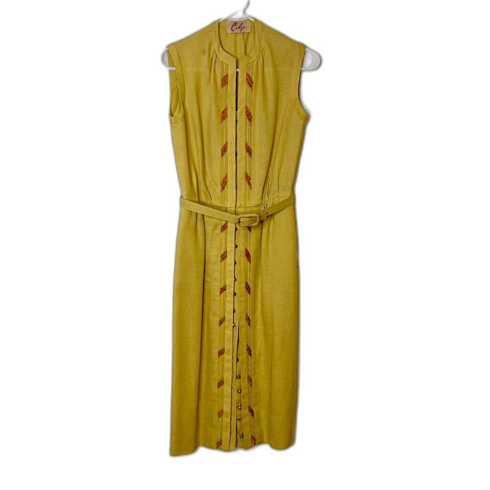 Vintage 1950s/60s Carlye Yellow Linen Dress Rhinestone Buttons Velvet Leaf Sz S